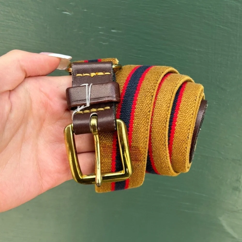 Vintage Mustard Yellow Striped Canvas Belt Leather Tabs Brass Buckle Ivy Preppy